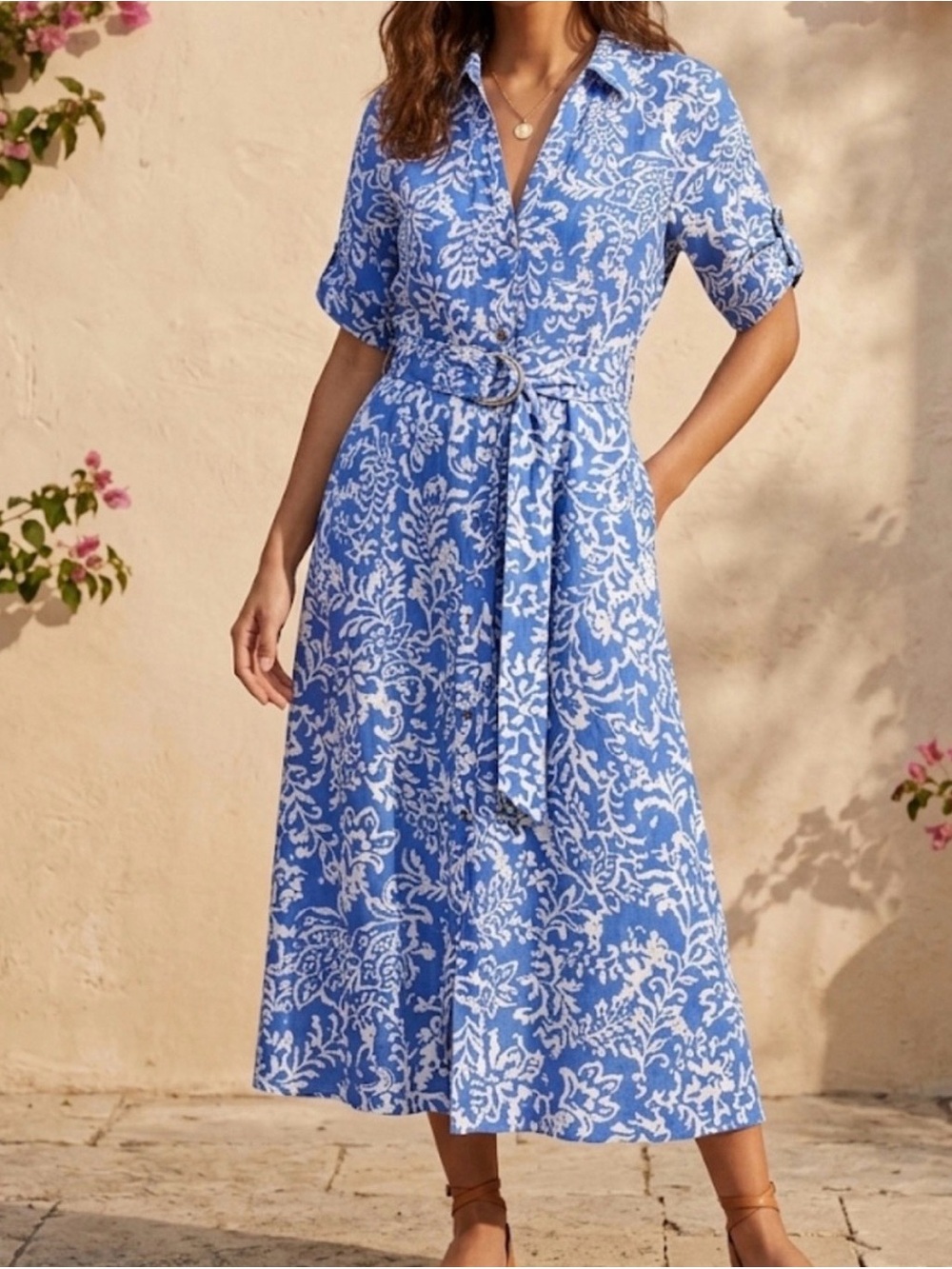 Zara Blue and White Button-Front Floral Midi Dress